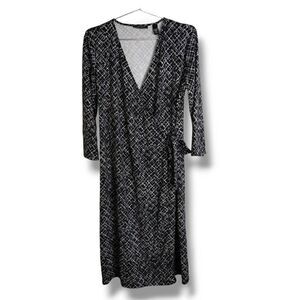 Valerie‎ Stevens Womens Wrap Dress Size Large Black White V Neck Long Sleeves